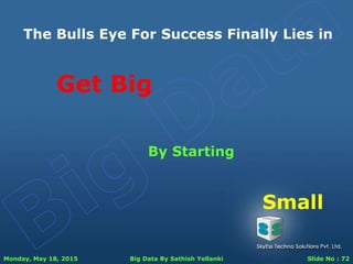 Monday, May 18, 2015 Big Data By Sathish Yellanki Slide No : 72
Get Big
The Bulls Eye For Success Finally Lies in
By Starting
Small
 