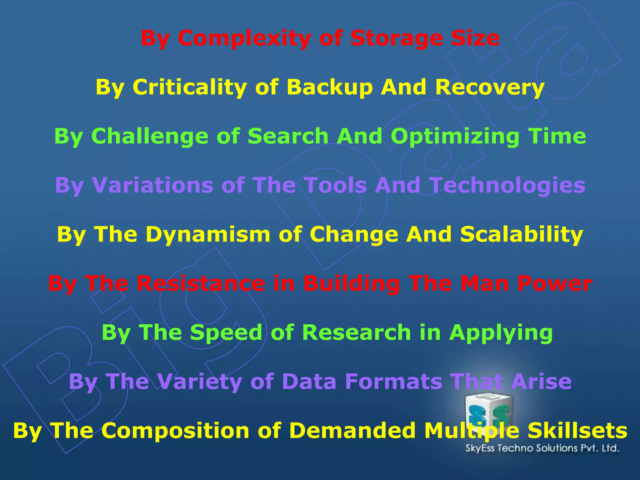 By Complexity of Storage Size
By Criticality of Backup And Recovery
By Challenge of Search And Optimizing Time
By Variations of The Tools And Technologies
By The Dynamism of Change And Scalability
By The Resistance in Building The Man Power
By The Speed of Research in Applying
By The Variety of Data Formats That Arise
By The Composition of Demanded Multiple Skillsets
 