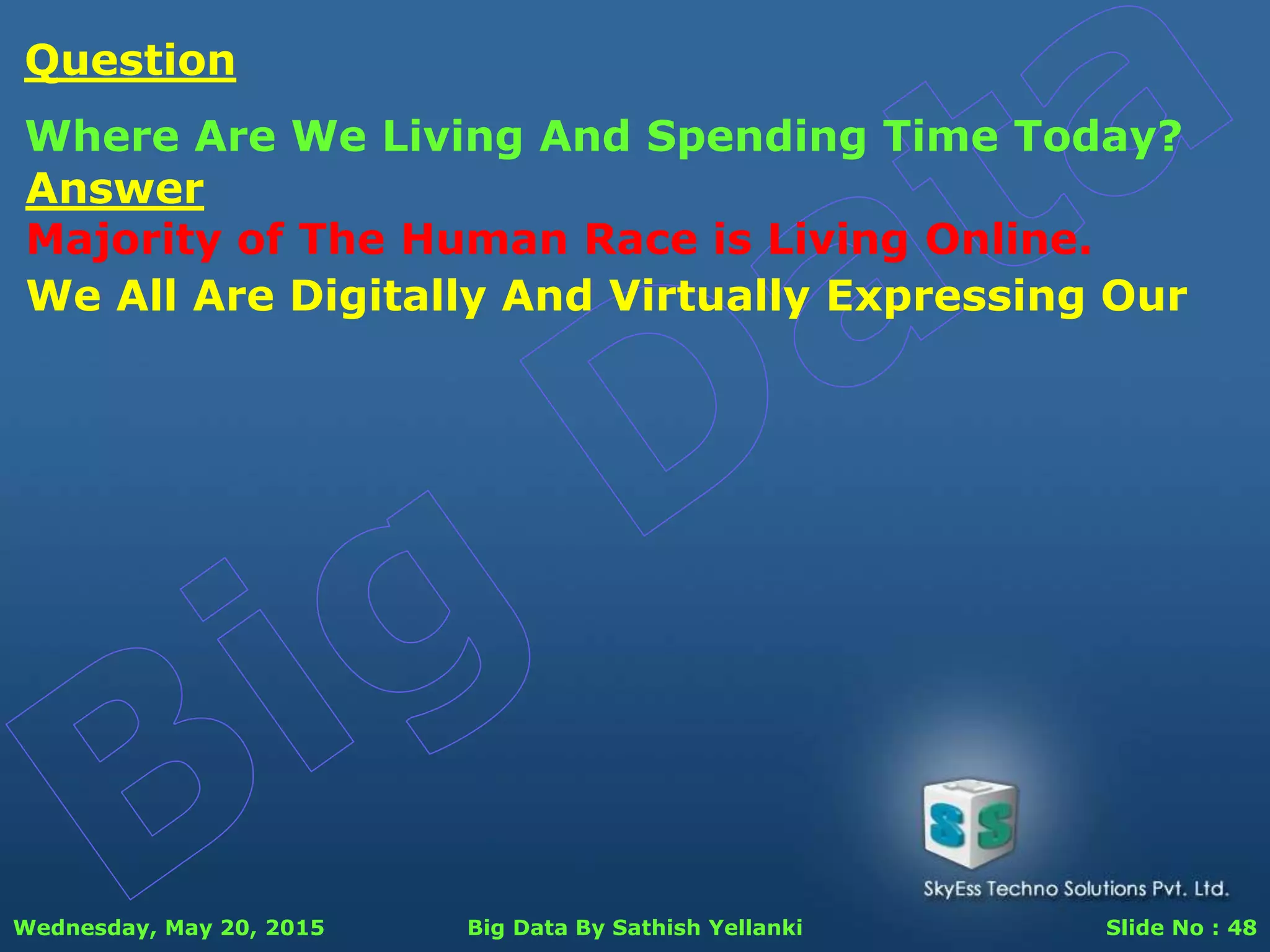 Wednesday, May 20, 2015 Big Data By Sathish Yellanki Slide No : 48
Answer
Majority of The Human Race is Living Online.
Question
Where Are We Living And Spending Time Today?
We All Are Digitally And Virtually Expressing Our
 
