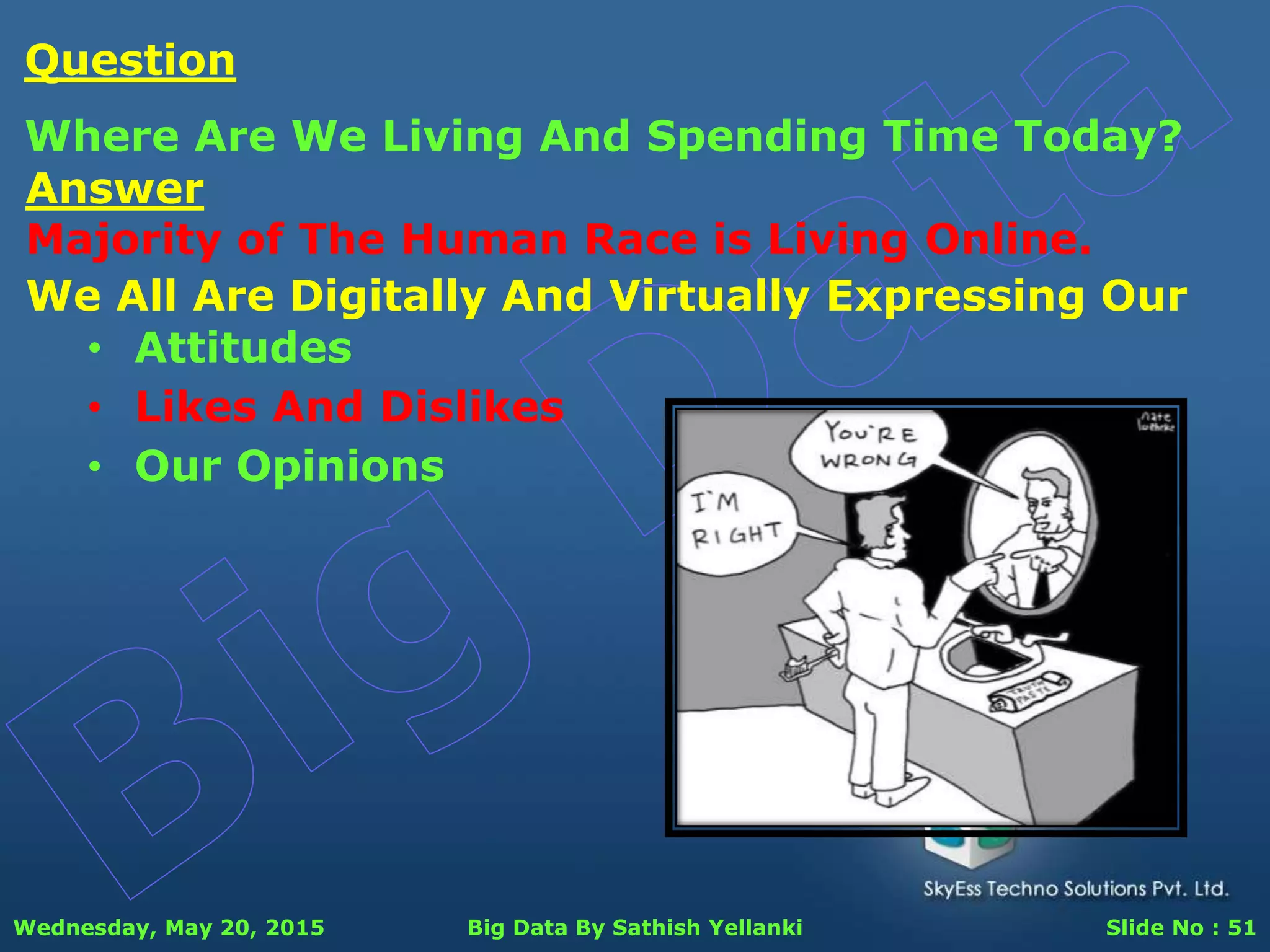 Wednesday, May 20, 2015 Big Data By Sathish Yellanki Slide No : 51
Answer
Majority of The Human Race is Living Online.
Question
Where Are We Living And Spending Time Today?
We All Are Digitally And Virtually Expressing Our
• Attitudes
• Likes And Dislikes
• Our Opinions
 