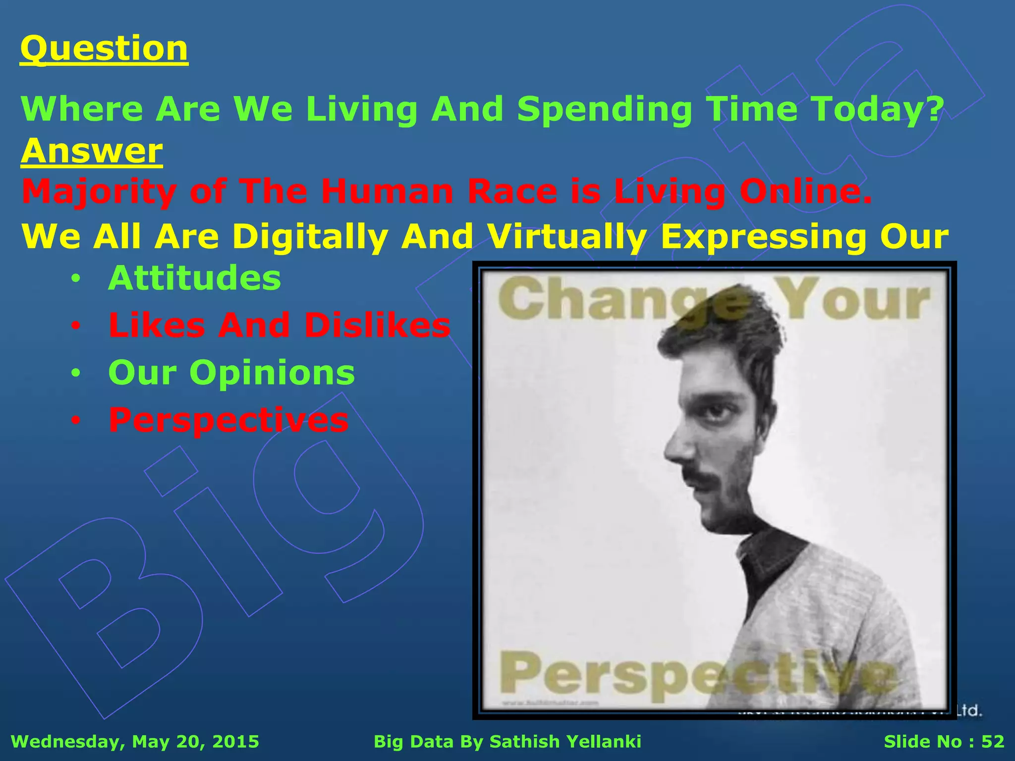 Wednesday, May 20, 2015 Big Data By Sathish Yellanki Slide No : 52
Answer
Majority of The Human Race is Living Online.
Question
Where Are We Living And Spending Time Today?
We All Are Digitally And Virtually Expressing Our
• Attitudes
• Likes And Dislikes
• Our Opinions
• Perspectives
 