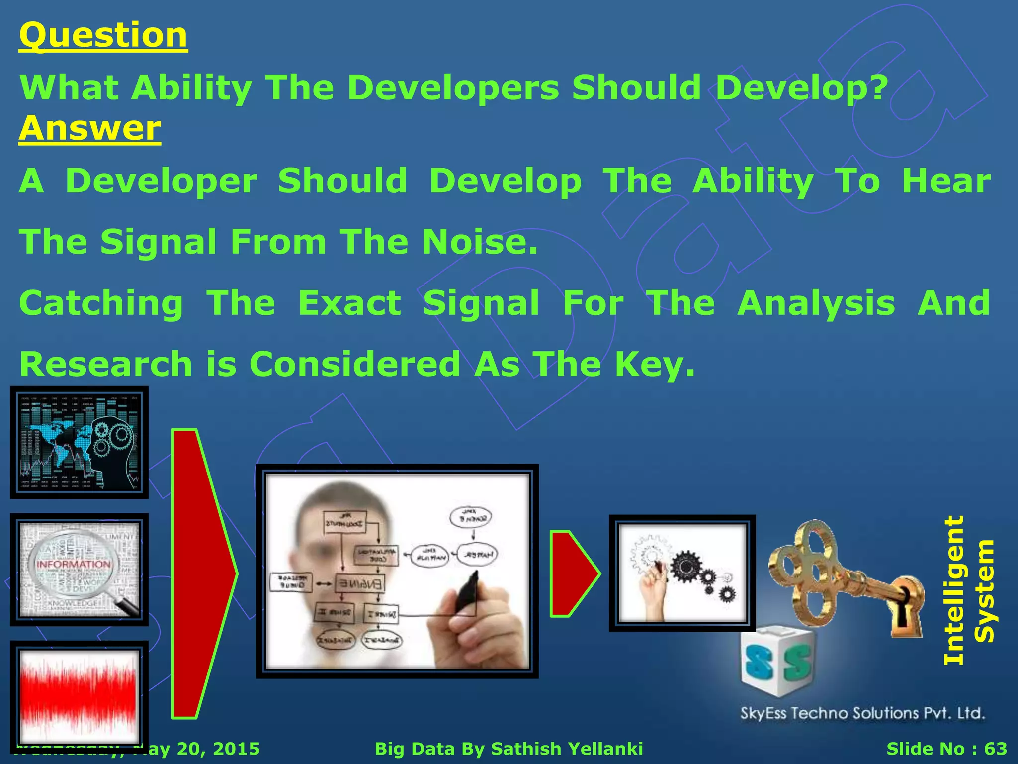 Wednesday, May 20, 2015 Big Data By Sathish Yellanki Slide No : 63
Answer
A Developer Should Develop The Ability To Hear
The Signal From The Noise.
Catching The Exact Signal For The Analysis And
Research is Considered As The Key.
Question
What Ability The Developers Should Develop?
Intelligent
System
 