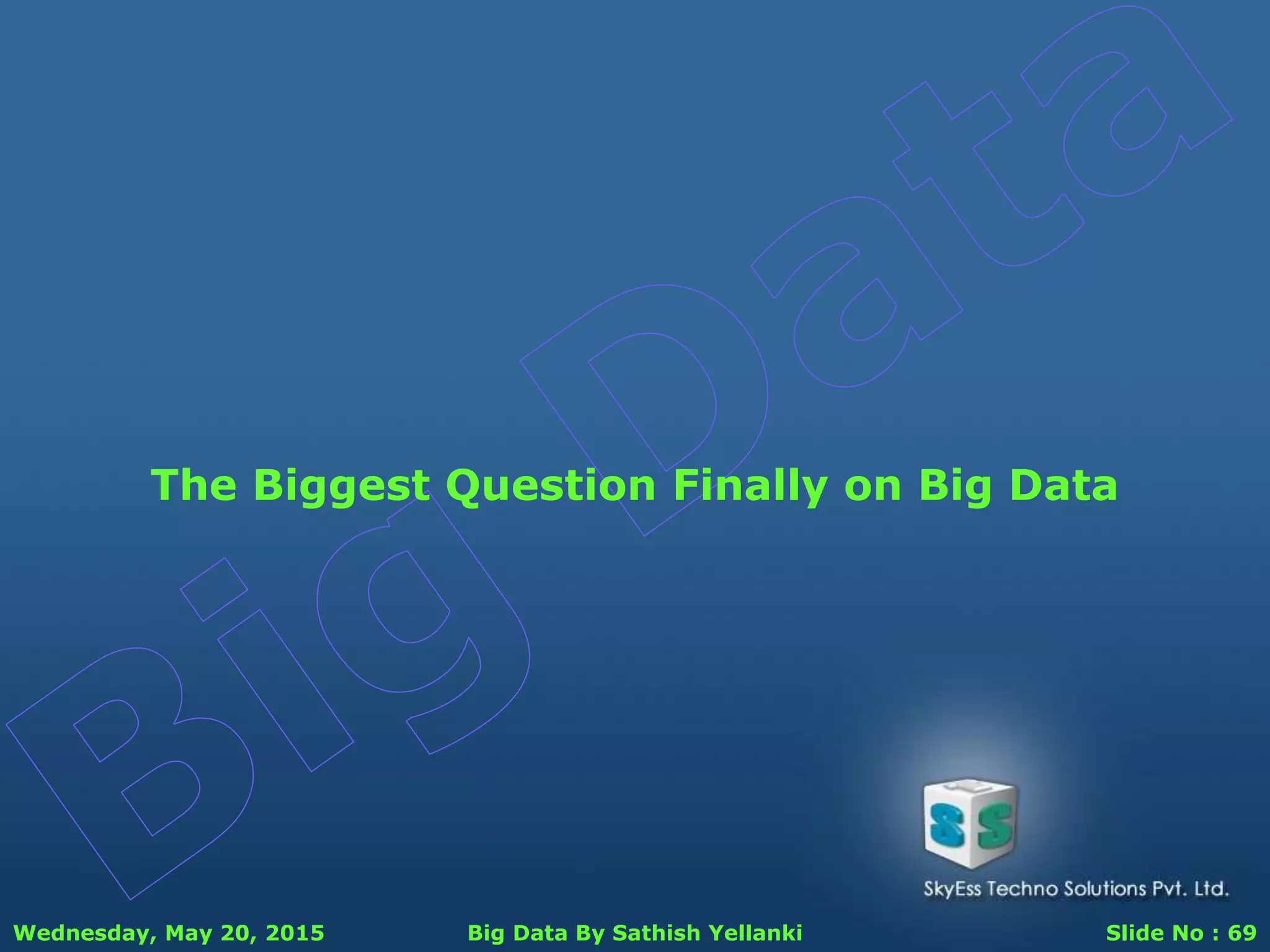 Wednesday, May 20, 2015 Big Data By Sathish Yellanki Slide No : 69
The Biggest Question Finally on Big Data
 