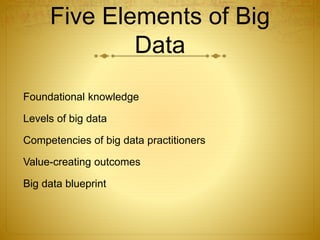 Five Elements of Big
Data
Foundational knowledge
Levels of big data
Competencies of big data practitioners
Value-creating outcomes
Big data blueprint
 