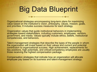 Big Data Blueprint
Organizational strategies encompassing long-term plans for maximizing
value based on the institution’s vision, philosophy, values, mission, goals,
and priorities. It includes success measures for each strategy.
Organization values that guide institutional behaviors in implementing
strategies toward stakeholders, including customers, employees, vendors,
government, and media. Values typically include ethics, beliefs, institutional
competencies, and behaviors.
Talent-management strategies that describe the types of the people in whom
the organization will invest based on their values and current and potential
contribution to organizational success. High achievement, replacements for
key positions, high potentials, and critical-competency employees are usually
those receiving the highest compensation package.
Compensation strategies that indicate how an organization will allocate
employee pay based on its business and talent-management strategy.
 