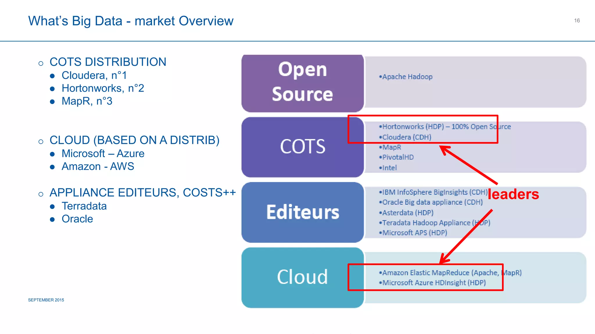 COMPAGNIE PLASTIC OMNIUM
CONFIDENTIAL
 COTS DISTRIBUTION
 Cloudera, n°1
 Hortonworks, n°2
 MapR, n°3
 CLOUD (BASED ON A DISTRIB)
 Microsoft – Azure
 Amazon - AWS
 APPLIANCE EDITEURS, COSTS++
 Terradata
 Oracle
What’s Big Data - market Overview
SEPTEMBER 2015
16
leaders
 