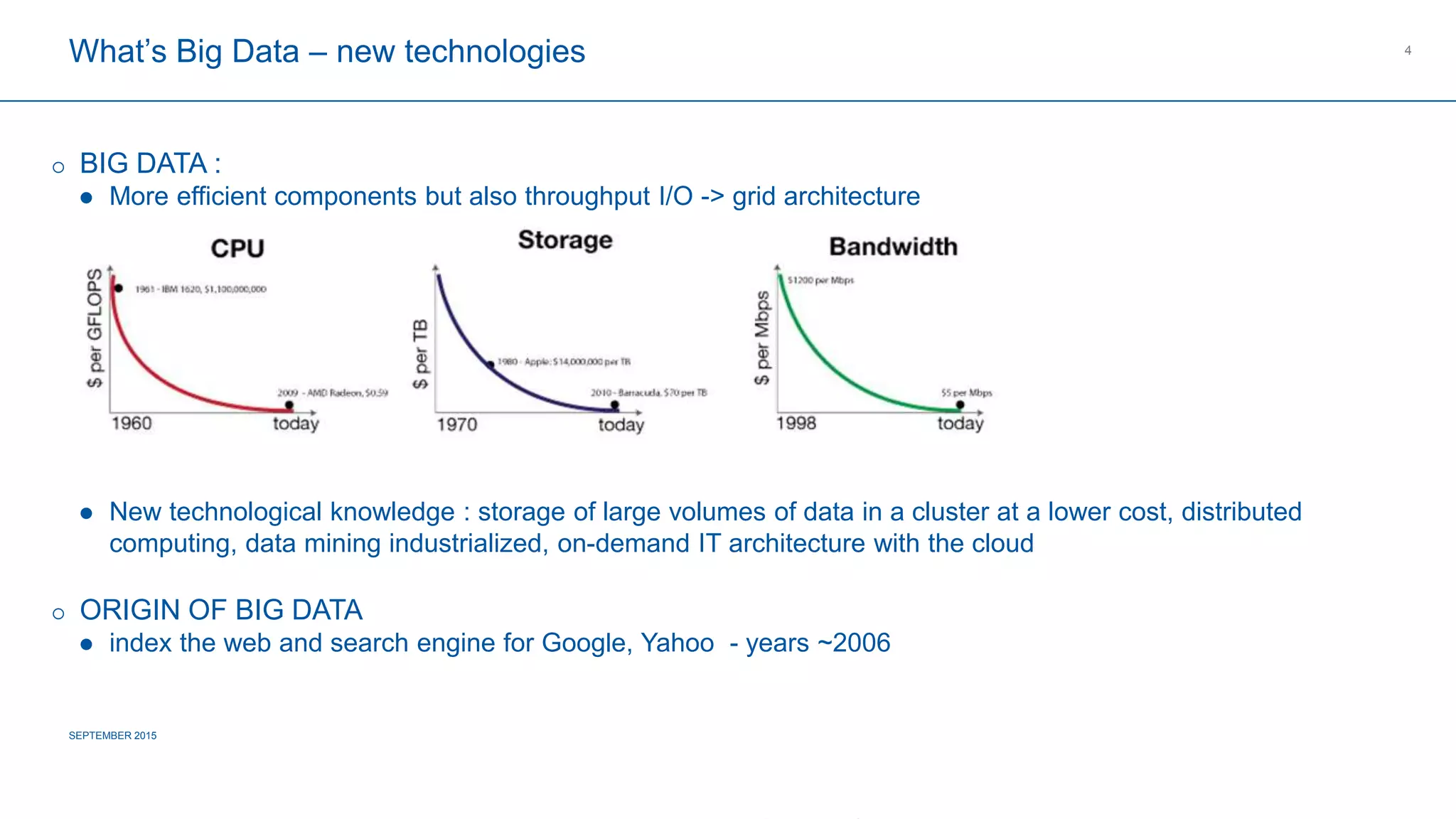 COMPAGNIE PLASTIC OMNIUM
CONFIDENTIAL
What’s Big Data – new technologies
SEPTEMBER 2015
4
 BIG DATA :
 More efficient components but also throughput I/O -> grid architecture
 New technological knowledge : storage of large volumes of data in a cluster at a lower cost, distributed computing,
data mining industrialized, on-demand IT architecture with the cloud
 ORIGIN OF BIG DATA
 index the web and search engine for Google, Yahoo - years ~2006
 