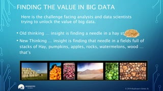 FINDING THE VALUE IN BIG DATA
• Old thinking … insight is finding a needle in a hay stack
• New Thinking … insight is finding that needle in a fields full of
stacks of Hay, pumpkins, apples, rocks, watermelons, wood …
that’s
Here is the challenge facing analysts and data scientists
trying to unlock the value of big data.
© 2019 Headwaters Global, llc.
 