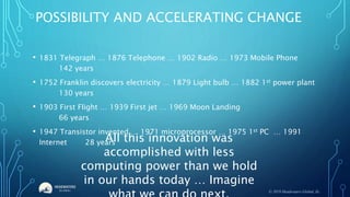 POSSIBILITY AND ACCELERATING CHANGE
• 1831 Telegraph … 1876 Telephone … 1902 Radio … 1973 Mobile Phone
142 years
• 1752 Franklin discovers electricity … 1879 Light bulb … 1882 1st power plant
130 years
• 1903 First Flight … 1939 First jet … 1969 Moon Landing
66 years
• 1947 Transistor invented … 1971 microprocessor … 1975 1st PC … 1991
Internet 28 yearsAll this innovation was
accomplished with less
computing power than we hold
in our hands today … Imagine
© 2019 Headwaters Global, llc.
 