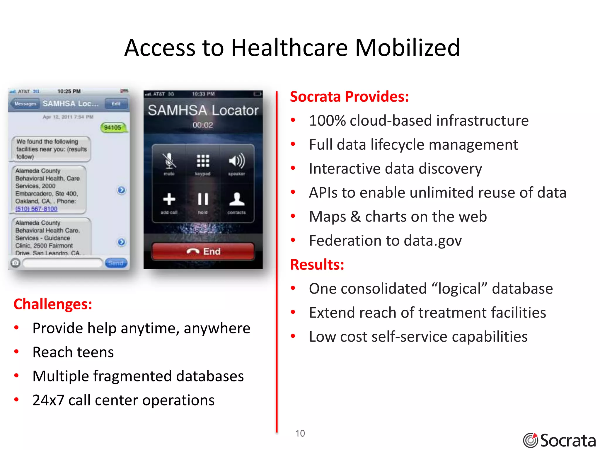 Access to Healthcare Mobilized                            10

                                   Socrata Provides:
                                   • 100% cloud-based infrastructure
                                   • Full data lifecycle management
                                   • Interactive data discovery
                                   • APIs to enable unlimited reuse of data
                                   • Maps & charts on the web
                                   • Federation to data.gov
                                   Results:
                                   • One consolidated “logical” database
Challenges:
                                   • Extend reach of treatment facilities
• Provide help anytime, anywhere
                                   • Low cost self-service capabilities
• Reach teens
• Multiple fragmented databases
• 24x7 call center operations
                                   10
 