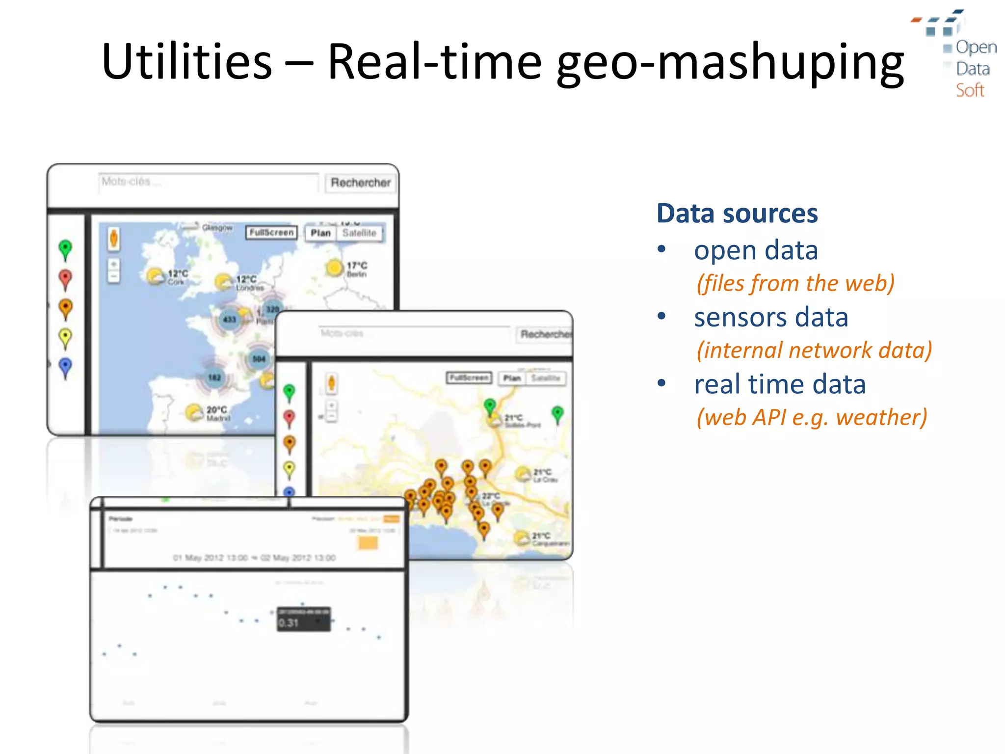 Utilities – Real-time geo-mashuping

                        Data sources
                        • open data
                           (files from the web)
                        • sensors data
                           (internal network data)
                        • real time data
                           (web API e.g. weather)
 