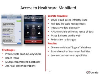 Access to Healthcare Mobilized                            10

                                   Socrata Provides:
                                   • 100% cloud-based infrastructure
                                   • Full data lifecycle management
                                   • Interactive data discovery
                                   • APIs to enable unlimited reuse of data
                                   • Maps & charts on the web
                                   • Federation to data.gov
                                   Results:
                                   • One consolidated “logical” database
Challenges:
                                   • Extend reach of treatment facilities
• Provide help anytime, anywhere
                                   • Low cost self-service capabilities
• Reach teens
• Multiple fragmented databases
• 24x7 call center operations
                                   10
 