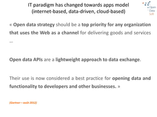 IT paradigm has changed towards apps model
                (internet-based, data-driven, cloud-based)

« Open data strategy should be a top priority for any organization
that uses the Web as a channel for delivering goods and services
…


Open data APIs are a lightweight approach to data exchange.


Their use is now considered a best practice for opening data and
functionality to developers and other businesses. »


(Gartner – août 2012)
 