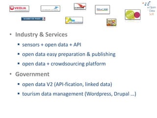 • Industry & Services
   sensors + open data + API
   open data easy preparation & publishing
   open data + crowdsourcing platform
• Government
   open data V2 (API-fication, linked data)
   tourism data management (Wordpress, Drupal …)
 