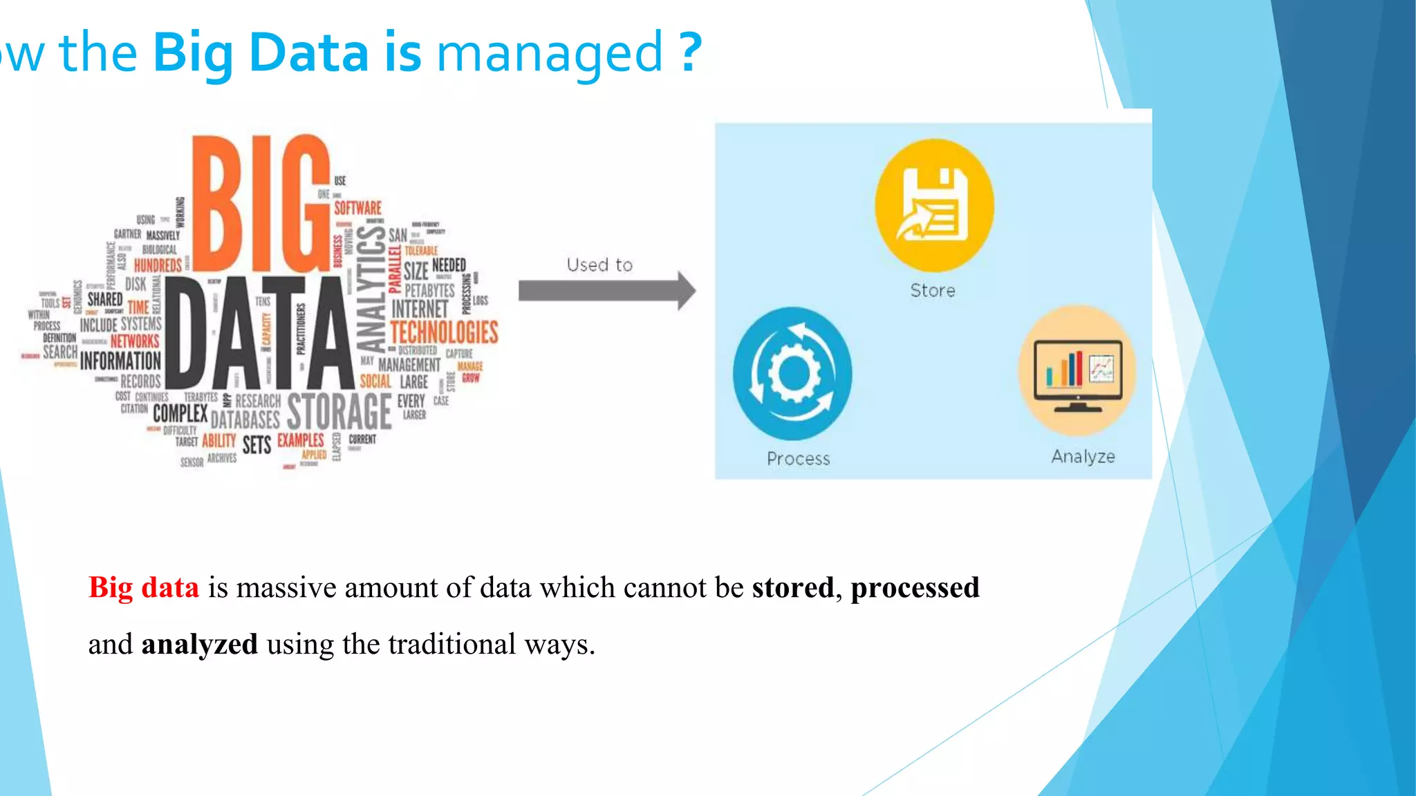 ow the Big Data is managed ?
Big data is massive amount of data which cannot be stored, processed
and analyzed using the traditional ways.