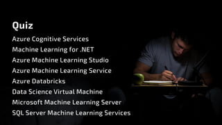 Quiz
Azure Cognitive Services
Machine Learning for .NET
Azure Machine Learning Studio
Azure Machine Learning Service
Azure Databricks
Data Science Virtual Machine
Microsoft Machine Learning Server
SQL Server Machine Learning Services
 