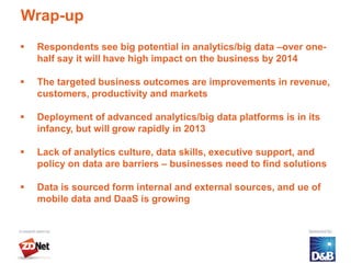 Wrap-up
   Respondents see big potential in analytics/big data –over one-
    half say it will have high impact on the business by 2014

   The targeted business outcomes are improvements in revenue,
    customers, productivity and markets

   Deployment of advanced analytics/big data platforms is in its
    infancy, but will grow rapidly in 2013

   Lack of analytics culture, data skills, executive support, and
    policy on data are barriers – businesses need to find solutions

   Data is sourced form internal and external sources, and ue of
    mobile data and DaaS is growing
 