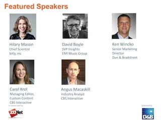 Featured Speakers




 Hilary Mason       David Boyle        Ken Wincko
 Chief Scientist    SVP Insights       Senior Marketing
 bitly, inc         EMI Music Group    Director
                                       Dun & Bradstreet




 Carol Krol         Angus Macaskill
 Managing Editor,   Industry Analyst
 Custom Content     CBS Interactive
 CBS Interactive
 