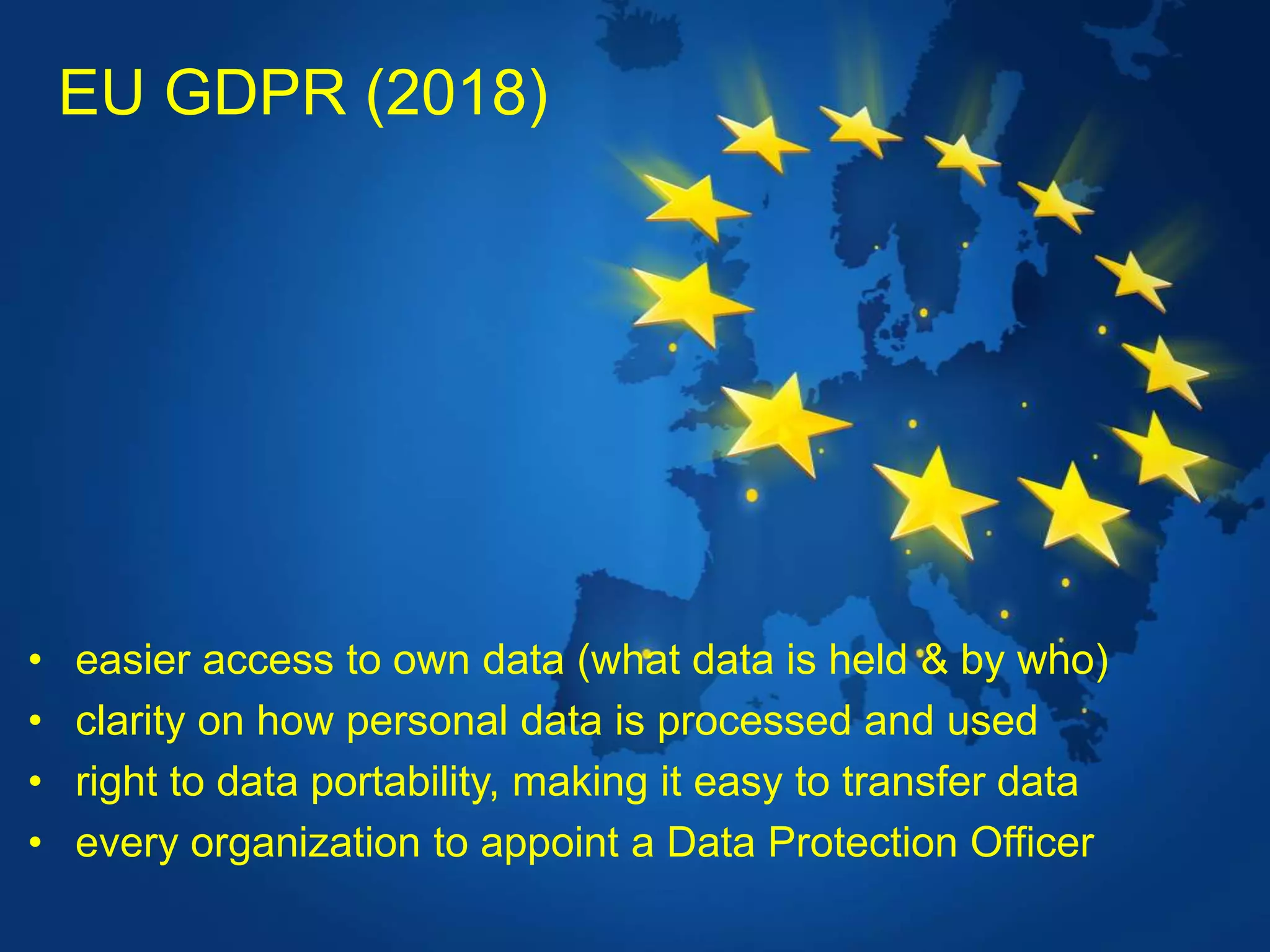 © mick yates 2017 page 12
• easier access to own data (what data is held & by who)
• clarity on how personal data is processed and used
• right to data portability, making it easy to transfer data
• every organization to appoint a Data Protection Officer
EU GDPR (2018)
 