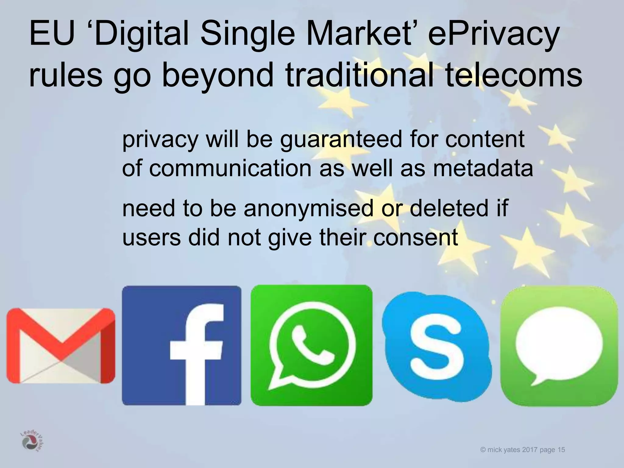 © mick yates 2017 page 15
EU ‘Digital Single Market’ ePrivacy
rules go beyond traditional telecoms
privacy will be guaranteed for content
of communication as well as metadata
need to be anonymised or deleted if
users did not give their consent
 