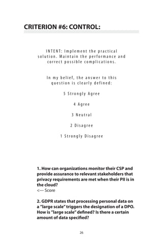 26
CRITERION #6: CONTROL:
I N T E N T : I m p l e m e n t t h e p r a c t i c a l
s o l u t i o n . M a i n t a i n t h e p e r f o r m a n c e a n d
c o r r e c t p o s s i b l e c o m p l i c a t i o n s .
I n m y b e l i e f , t h e a n s w e r t o t h i s
q u e s t i o n i s c l e a r l y d e f i n e d :
5 S t r o n g l y A g r e e
4 A g r e e
3 N e u t r a l
2 D i s a g r e e
1 S t r o n g l y D i s a g r e e
1. How can organizations monitor their CSP and
provide assurance to relevant stakeholders that
privacy requirements are met when their PII is in
the cloud?
<--- Score
2. GDPR states that processing personal data on
a ”large scale”triggers the designation of a DPO.
How is ”large scale”defined? Is there a certain
amount of data specified?
 