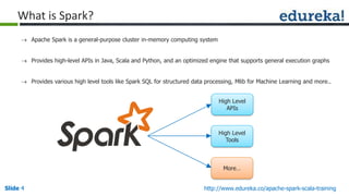 Slide 4Slide 4 http://www.edureka.co/apache-spark-scala-training
What is Spark?
 Apache Spark is a general-purpose cluster in-memory computing system
 Provides high-level APIs in Java, Scala and Python, and an optimized engine that supports general execution graphs
 Provides various high level tools like Spark SQL for structured data processing, Mlib for Machine Learning and more..
High Level
APIs
High Level
Tools
More…
 