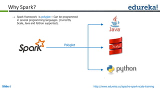 Slide 6Slide 6 http://www.edureka.co/apache-spark-scala-training
Why Spark?
Polyglot Scala
 Spark framework is polyglot – Can be programmed
in several programming languages (Currently
Scala, Java and Python supported).
 
