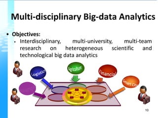 Multi-disciplinary Big-data Analytics
10
• Objectives:
• Interdisciplinary, multi-university, multi-team
research on heterogeneous scientific and
technological big data analytics
 