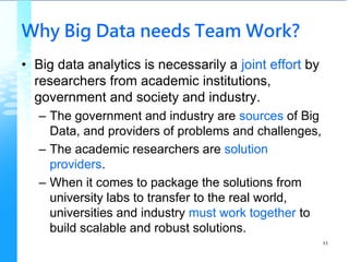 Why Big Data needs Team Work?
• Big data analytics is necessarily a joint effort by
researchers from academic institutions,
government and society and industry.
– The government and industry are sources of Big
Data, and providers of problems and challenges,
– The academic researchers are solution
providers.
– When it comes to package the solutions from
university labs to transfer to the real world,
universities and industry must work together to
build scalable and robust solutions.
11
 