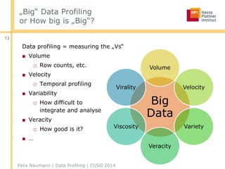 „Big“ Data Profiling
or How big is „Big“?
Data profiling = measuring the „Vs“
■ Volume
□ Row counts, etc.
■ Velocity
□ Temporal profiling
■ Variability
□ How difficult to
integrate and analyse
■ Veracity
□ How good is it?
■ …
Felix Naumann | Data Profiling | CUSO 2014
13
Big
Data
Volume
Velocity
Variety
Veracity
Viscosity
Virality
 