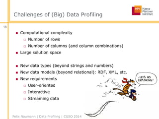 Challenges of (Big) Data Profiling
Felix Naumann | Data Profiling | CUSO 2014
18
■ Computational complexity
□ Number of rows
□ Number of columns (and column combinations)
■ Large solution space
■ New data types (beyond strings and numbers)
■ New data models (beyond relational): RDF, XML, etc.
■ New requirements
□ User-oriented
□ Interactive
□ Streaming data
 