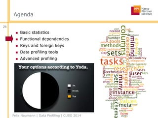 Agenda
24
■ Basic statistics
■ Functional dependencies
■ Keys and foreign keys
■ Data profiling tools
■ Advanced profiling
Felix Naumann | Data Profiling | CUSO 2014
 