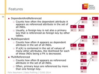 Features
■ DependentAndReferenced
□ Counts how often the dependent attribute A
appears as referenced attribute in the set of
all INDs.
□ Usually, a foreign key is not also a primary
key that is referenced as foreign key by other
tables.
■ MultiDependent
□ Counts how often A appears as dependent
attribute in the set of all INDs.
□ If s(A) is contained in the set of values of
many other attributes, the likelihood for each
of these INDs being a FK is decreased.
■ MultiReferenced
□ Counts how often B appears as referenced
attribute in the set of all INDs.
□ Often, primary keys are referenced by more
than one foreign key.
Felix Naumann | Data Profiling | CUSO 2014
56
A
a
B
a
b
?
C
a
D
a
A
a
B
a
b
?
C
a
D
a
A
a
B
a
b
?
C
a
D
a
 