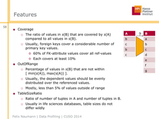 Features
■ Coverage
□ The ratio of values in s(B) that are covered by s(A)
compared to all values in s(B).
□ Usually, foreign keys cover a considerable number of
primary key values.
◊ 60% of FK-attribute values cover all ref-values
◊ Each covers at least 10%
■ OutOfRange
□ Percentage of values in s(B) that are not within
[ min(s(A)), max(s(A)) ].
□ Usually, the dependent values should be evenly
distributed over the referenced values.
□ Mostly, less than 5% of values outside of range
■ TableSizeRatio
□ Ratio of number of tuples in A and number of tuples in B.
□ Usually in life sciences databases, table sizes do not
differ wildly
Felix Naumann | Data Profiling | CUSO 2014
58
A
b
c
b
c
B
a
b
c
d
e
f
g
?
 