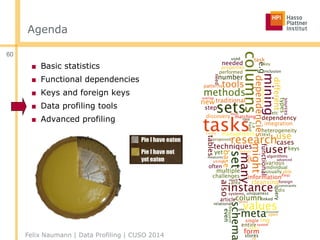 Agenda
60
■ Basic statistics
■ Functional dependencies
■ Keys and foreign keys
■ Data profiling tools
■ Advanced profiling
Felix Naumann | Data Profiling | CUSO 2014
 