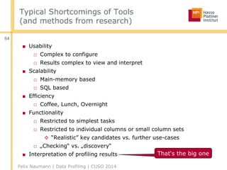 Typical Shortcomings of Tools
(and methods from research)
■ Usability
□ Complex to configure
□ Results complex to view and interpret
■ Scalability
□ Main-memory based
□ SQL based
■ Efficiency
□ Coffee, Lunch, Overnight
■ Functionality
□ Restricted to simplest tasks
□ Restricted to individual columns or small column sets
◊ “Realistic” key candidates vs. further use-cases
□ „Checking“ vs. „discovery“
■ Interpretation of profiling results
Felix Naumann | Data Profiling | CUSO 2014
64
That‘s the big one
 