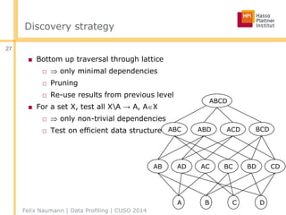 Discovery strategy
■ Bottom up traversal through lattice
□  only minimal dependencies
□ Pruning
□ Re-use results from pre...