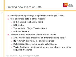 Profiling new Types of Data
■ Traditional data profiling: Single table or multiple tables
■ More and more data in other mo...