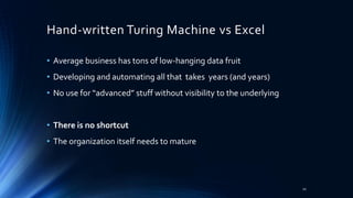 Hand-written Turing Machine vs Excel
• Average business has tons of low-hanging data fruit
• Developing and automating all that takes years (and years)
• No use for “advanced” stuff without visibility to the underlying
• There is no shortcut
• The organization itself needs to mature
20
 