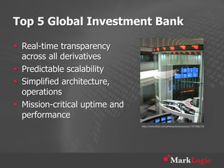 Top 5 Global Investment Bank

§  Real-time transparency
    across all derivatives
§  Predictable scalability
§  Simplified architecture,
    operations
§  Mission-critical uptime and
    performance
                                  http://www.flickr.com/photos/tenaciousme/1797368175/
 