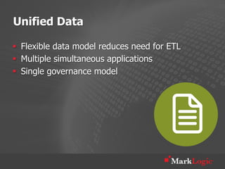 Unified Data

§  Flexible data model reduces need for ETL
§  Multiple simultaneous applications
§  Single governance model
 