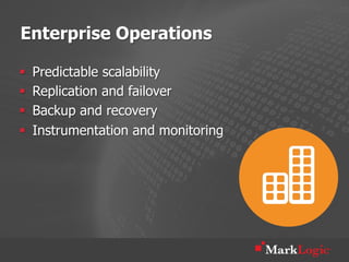 Enterprise Operations

§    Predictable scalability
§    Replication and failover
§    Backup and recovery
§    Instrumentation and monitoring
 