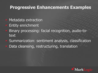 Progressive Enhancements Examples

§  Metadata extraction
§  Entity enrichment
§  Binary processing: facial recognition, audio-to-
    text
§  Summarization: sentiment analysis, classification
§  Data cleansing, restructuring, translation
 