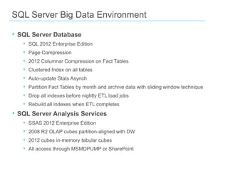 SQL Server Big Data Environment
‣ SQL Server Database
‣
‣
‣
‣
‣
‣
‣
‣

SQL 2012 Enterprise Edition
Page Compression
2012 Columnar Compression on Fact Tables
Clustered Index on all tables
Auto-update Stats Asynch

Partition Fact Tables by month and archive data with sliding window technique
Drop all indexes before nightly ETL load jobs
Rebuild all indexes when ETL completes

‣ SQL Server Analysis Services
‣
‣
‣
‣

SSAS 2012 Enterprise Edition
2008 R2 OLAP cubes partition-aligned with DW
2012 cubes in-memory tabular cubes
All access through MSMDPUMP or SharePoint

 