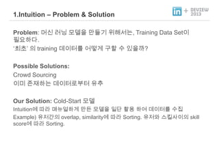 1.Intuition – Problem & Solution

+

Problem: 머신 러닝 모델을 만들기 위해서는, Training Data Set이
필요하다.
„최초‟ 의 training 데이터를 어떻게 구할 수 있을까?
Possible Solutions:
Crowd Sourcing
이미 존재하는 데이터로부터 유추
Our Solution: Cold-Start 모델
Intuition에 따라 매뉴얼하게 만든 모델을 일단 활용 하여 데이터를 수집
Example) 유저간의 overlap, similarity에 따라 Sorting. 유저와 스킬사이의 skill
score에 따라 Sorting.

 