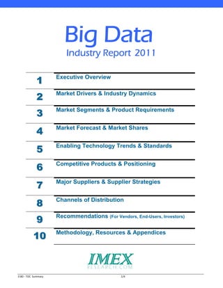 Big Data
                           Industry Report 2011

             1         Executive Overview


             2         Market Drivers & Industry Dynamics


             3         Market Segments & Product Requirements


             4         Market Forecast & Market Shares


             5         Enabling Technology Trends & Standards


             6         Competitive Products & Positioning


             7         Major Suppliers & Supplier Strategies


             8         Channels of Distribution


             9         Recommendations (For Vendors, End-Users, Investors)


           10          Methodology, Resources & Appendices




0 BD ‐ TOC  Summary                             1/4 
 