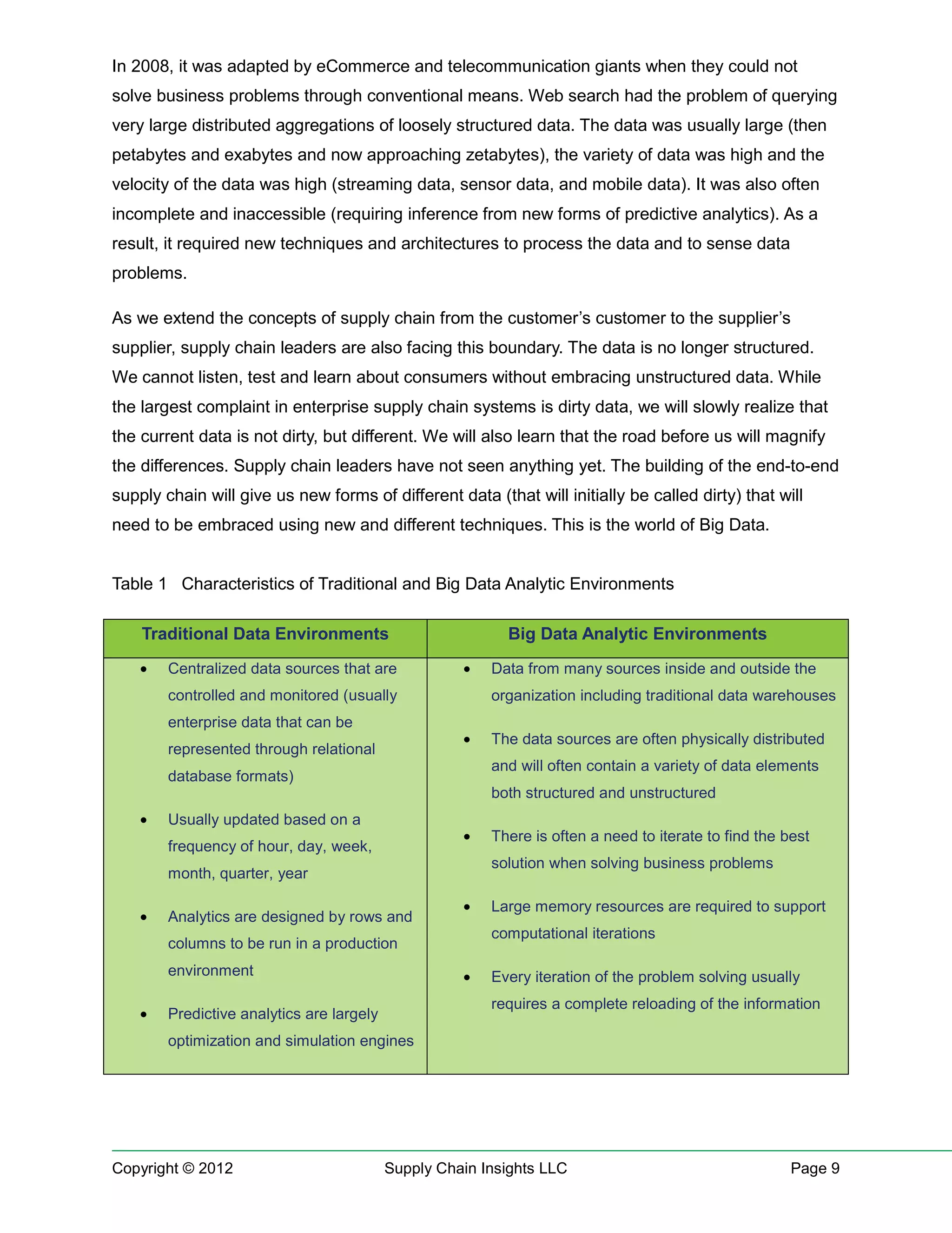 In 2008, it was adapted by eCommerce and telecommunication giants when they could not
solve business problems through conventional means. Web search had the problem of querying
very large distributed aggregations of loosely structured data. The data was usually large (then
petabytes and exabytes and now approaching zetabytes), the variety of data was high and the
velocity of the data was high (streaming data, sensor data, and mobile data). It was also often
incomplete and inaccessible (requiring inference from new forms of predictive analytics). As a
result, it required new techniques and architectures to process the data and to sense data
problems.

As we extend the concepts of supply chain from the customer’s customer to the supplier’s
supplier, supply chain leaders are also facing this boundary. The data is no longer structured.
We cannot listen, test and learn about consumers without embracing unstructured data. While
the largest complaint in enterprise supply chain systems is dirty data, we will slowly realize that
the current data is not dirty, but different. We will also learn that the road before us will magnify
the differences. Supply chain leaders have not seen anything yet. The building of the end-to-end
supply chain will give us new forms of different data (that will initially be called dirty) that will
need to be embraced using new and different techniques. This is the world of Big Data.


Table 1 Characteristics of Traditional and Big Data Analytic Environments

    Traditional Data Environments                          Big Data Analytic Environments
    •   Centralized data sources that are            •   Data from many sources inside and outside the
        controlled and monitored (usually                organization including traditional data warehouses
        enterprise data that can be
                                                     •   The data sources are often physically distributed
        represented through relational
                                                         and will often contain a variety of data elements
        database formats)
                                                         both structured and unstructured
    •   Usually updated based on a
                                                     •   There is often a need to iterate to find the best
        frequency of hour, day, week,
                                                         solution when solving business problems
        month, quarter, year

                                                     •   Large memory resources are required to support
    •   Analytics are designed by rows and
                                                         computational iterations
        columns to be run in a production
        environment                                  •   Every iteration of the problem solving usually
                                                         requires a complete reloading of the information
    •   Predictive analytics are largely
        optimization and simulation engines




Copyright © 2012                           Supply Chain Insights LLC                                   Page 9
 