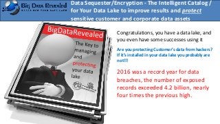 Data Sequester/Encryption - The Intelligent Catalog /
for Your Data Lake to improve results and protect
sensitive customer and corporate data assets
Congratulations, you have a data lake, and
you even have some successes using it
Are you protecting Customer’s data from hackers?
If it’s installed in your data lake you probably are
not!!!
2016 was a record year for data
breaches, the number of exposed
records exceeded 4.2 billion, nearly
four times the previous high.
 