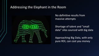 Addressing the Elephant in the Room
No definitive results from
massive attempts
Shortage of talent and “small
data” silos sourced with big data
Approaching Big Data, with only
pure ROI, can cost you money

 