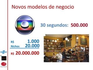Novos modelos de negocio
30 segundos: 500.000
R$ 1.000
Nichos 20.000
R$ 20.000.000
 